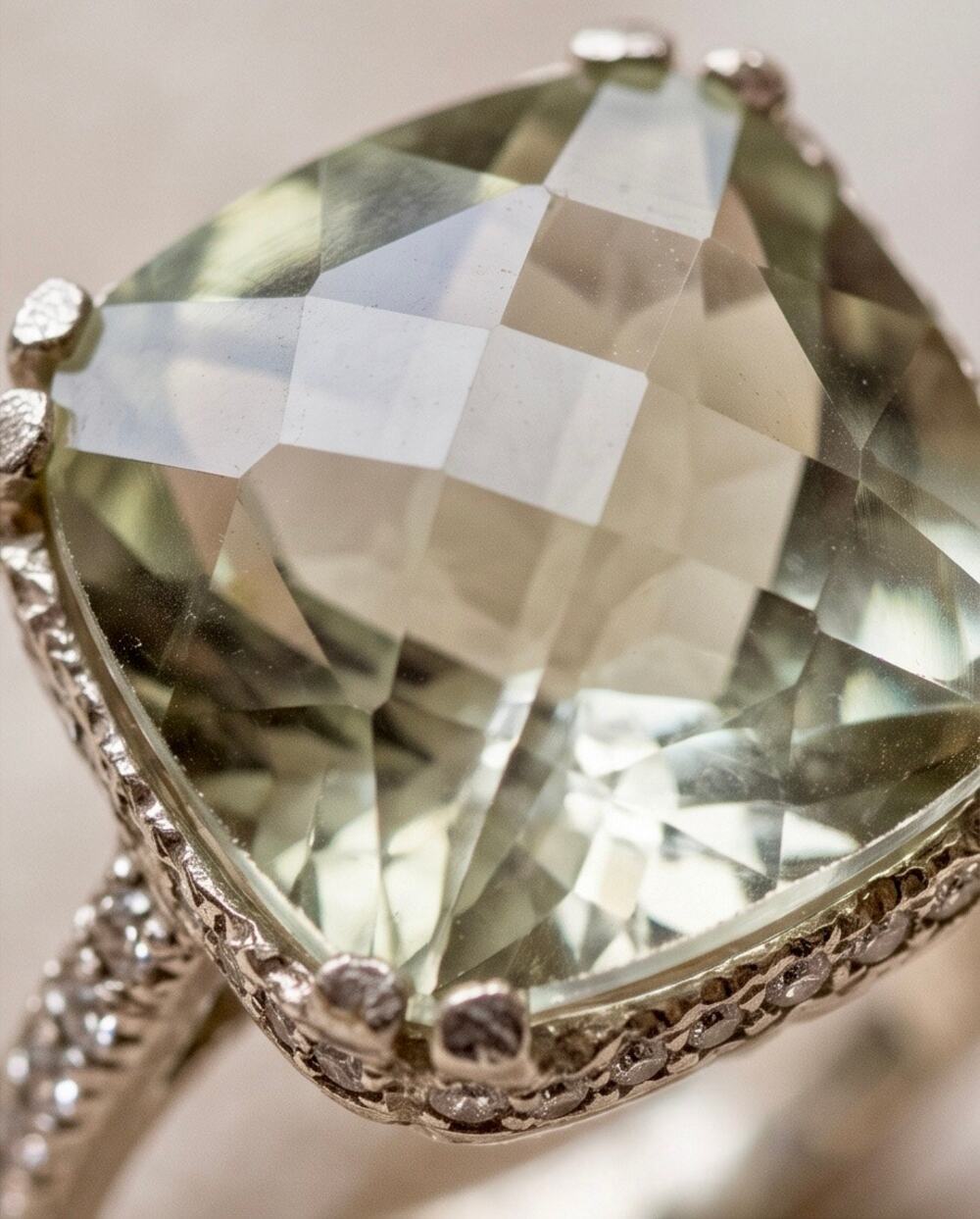 Green Amethyst Cushion Cut Ring 9ct Diamond Halo NOS 925 Silver Size 7